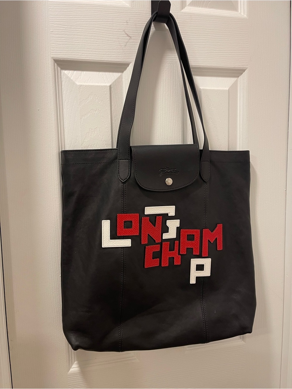 Longchamp Black Leather Tote with Red & White Appliqué Logo